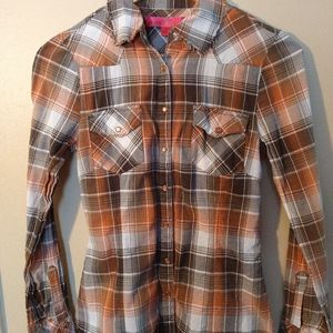 Plaid Pearl Snap. Orange and Brown. Size S